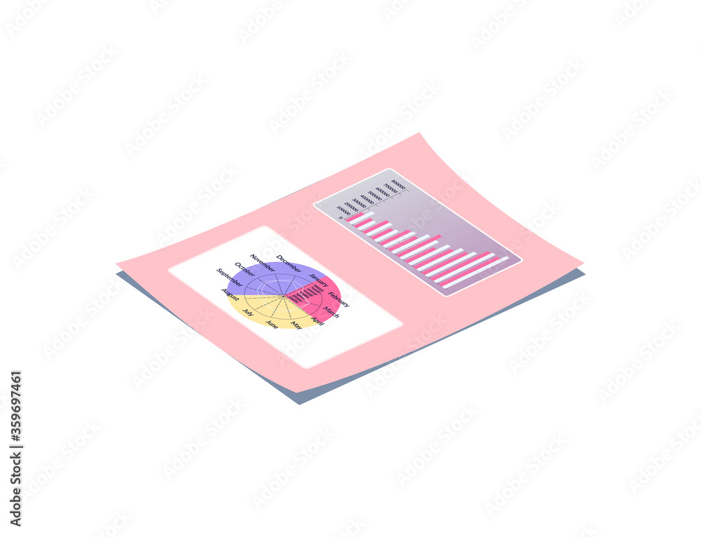 Poster pink lying paper with round calendar with twelve months and chart with numbers, 3d list with shadow.