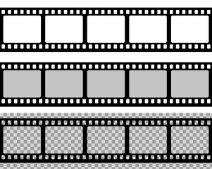 Film strip, movie reel icon. Black photo frame tape. Filmstrip frame template. Old cinema stripe isolated. Black square tape for retro photography. Picture edge. vector illustration.