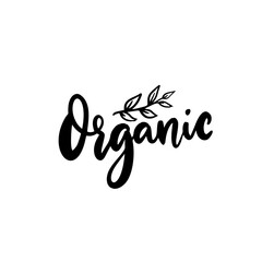 Organic badge, modern calligraphy word and hand drawn plant branch. Black vector text isolated on white background.