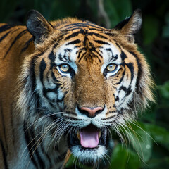 Fototapeta na wymiar Close-up of a tiger's face. (Panthera tigris corbetti) in the natural habitat, wild dangerous animal in the natural habitat, in Thailand.