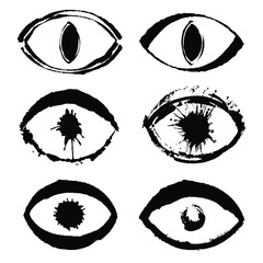 Collection of grungy crazy eyes. Ink artistic drawings 