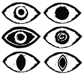 Inky grungy eyes. Set of artistic black and white eyes
