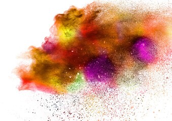 Explosion of colored powder isolated on white background. 