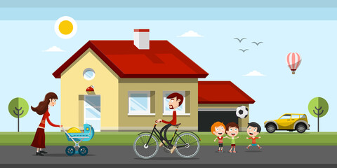 Family House with Mother, Fathe and Kids Vector Flat Design Cartoon