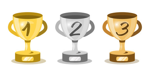 First, Second and Third Place Award Symbols. Trophy Colection. Gold, Silver and Bronze Cups. Vector Championship Awards Icons.