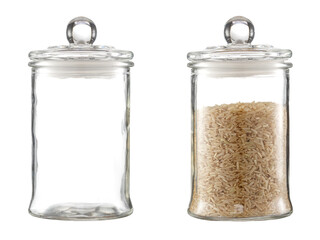 Rice in a transparent glass container. Isolated on a white background.