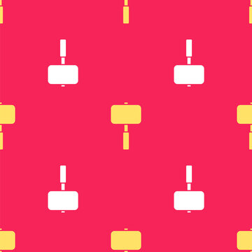 Yellow Sledgehammer Icon Isolated Seamless Pattern On Red Background. Vector Illustration.