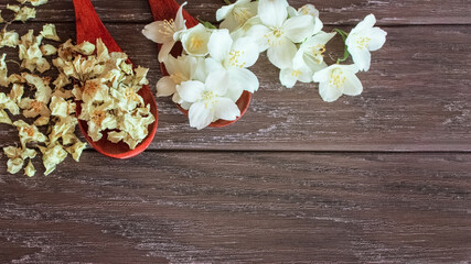 Obraz na płótnie Canvas flowers of fresh jasmine and dried jasmine in wooden spoons on a wooden background top view.