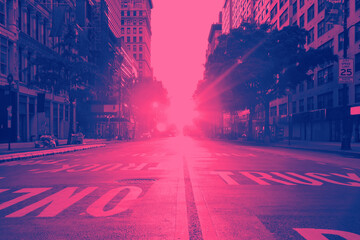 View of an empty 14th Street in New York City with sunset shining between the buildings in pink and...