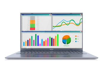 Enterprise financial report with graphs and charts on a screen of modern laptop, front view isolated on white background. Selective focus on display and keyboard. Profit growth chart. 3d rendering