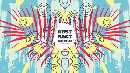 Abstract background illustration. Colorful lines, spots, dypsis lutescens leaves and map texture. Decorative symmetric wallpaper, backdrop. Hand drawn texture, decor elements and shapes. Eps10 vector.