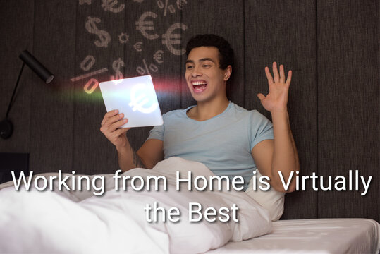 handsome mixed race man waving hand while having video chat on digital tablet near working from home is virtually the best lettering near dollar and euro signs