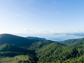 Aerial view of landscape with sea and mountains
