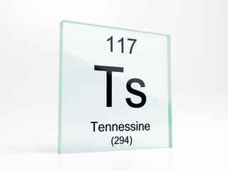 Tennessine element symbol from periodic table on glass icon - realistic 3D render	