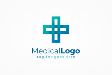 Fototapeta premium Healthcare Medical Logo. Blue Green Cross Plus Sign Linear Geometric Origami Style isolated on White Background. Flat Vector Logo Design Template Element.