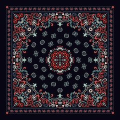 Vector ornament Bandana Print. Traditional ornamental ethnic pattern with paisley and flowers. Silk neck scarf or kerchief square pattern design style, best motive for print on fabric or papper. - 359701802