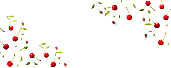Fresh ripe cherry levitation on white background. Falling cherries with green leaves, healthy eating minimal concept