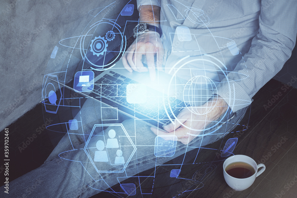 Poster media network theme hologram with man working on computer on background. concept of internet communi