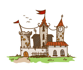 Kingdom Castle doodle, a hand drawn vector doodle cartoon illustration of a medieval castle in a fairy tale children story