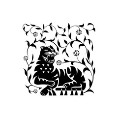 Vector illustration of a lion sitting with a floral decoration on a black background.