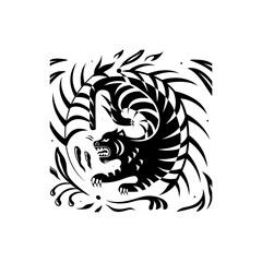 Lion vector illustration with a floral decoration on a black background.