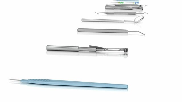 Dentist tools on white. 3D animation concept.