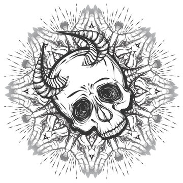 Vector illustration, Mandala. circular pattern. Magic, hands, eyes. skull with horns, prints on T-shirts, background white. Handmade