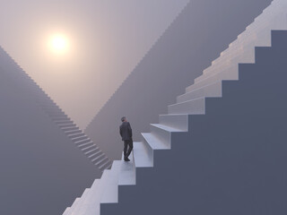 businessman climbs the stairs to the pyramid,