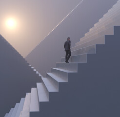 businessman climbs the stairs to the pyramid,