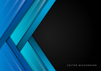 Abstract template design geometric blue triangles overlapping layer on black background.