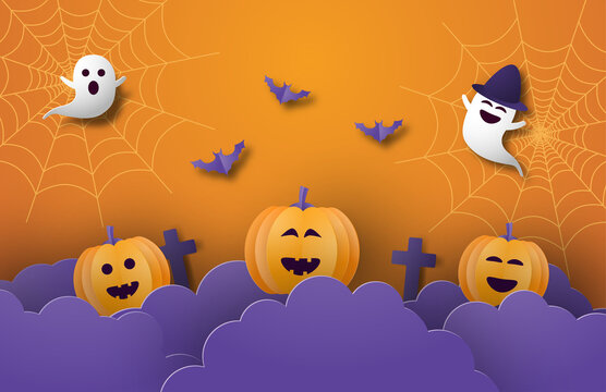 Happy Halloween banner or poster background with night clouds, pumpkins,ghost and bat in paper cut style.