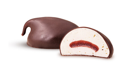 Chocolate candy bird's milk hand made with cherry filling one cut in half