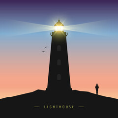 lonely girl by the lighthouse in the dark creepy landscape vector illustration EPS10