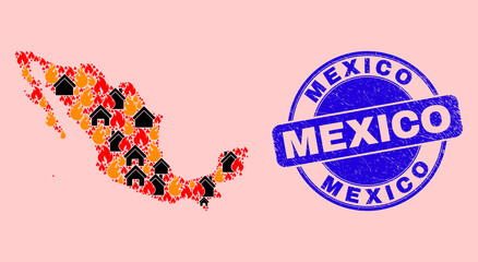Fire hazard and homes collage Mexico map and Mexico rubber seal. Vector collage Mexico map is made of scattered burning homes. Mexico map collage is composed for fire protection templates.