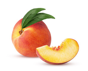 Ripe peach fruit with leaf and slice