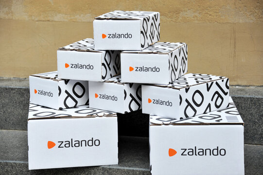 Frankfurt, Hesse / Germany - October 01, 2014:  Packages with the Logo of German electronic commerce company ZALANDO, which sells shoes, clothes and other fashion items