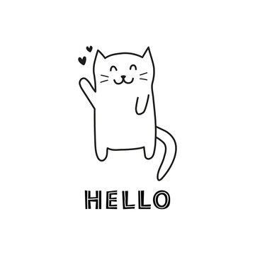 Cute doodle outline smiling welcoming cat with scandinavian lettering hello isolated on white background.