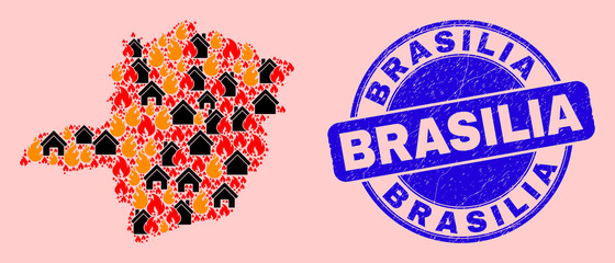 Fire and homes mosaic Minas Gerais State map and Brasilia textured stamp seal. Vector mosaic Minas Gerais State map is designed of random burning towns.