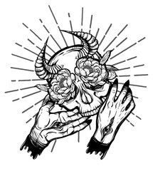 Vector illustration. skull with horns, demonic hands with eyes, peonies flowers, mysticism. Handmade, prints on T-shirts. background white, tattoos