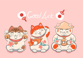 Greeting card with Maneki neko. Vector graphics.