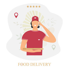 Food delivery service banner. A male courier holds cardboard packing box with pizza. Messenger in red uniform, baseball cap. Mobile app template decorated abstract leaves. Concept vector illustration