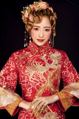 Asian ancient sexy bride in red dress in black background