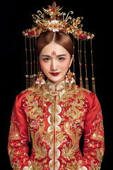Asian ancient sexy bride in red dress in black background