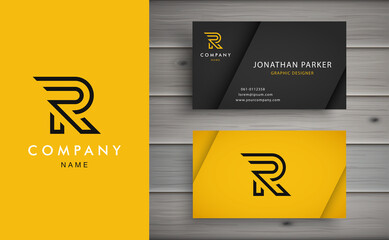 Clean and stylish logo forming the letter R with business card templates. Modern Logotype design for corporate branding.