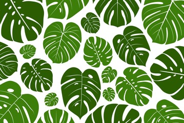 Background with tropical palm leaves, monstera, passion fruit. Beautiful hand-drawn exotic plants. Floral background. Monstera isolated on white background. Monstera leaves, jungle