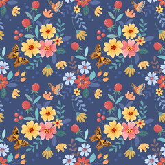 Colorful hand drawn flowers seamless pattern vector design.