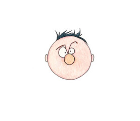 Hand drawn watercolor illustration of simple cartoon face with big nose and without mouth. Funny weird face sketch. Facial expression. Boy with messy grey hair. A bit angry look