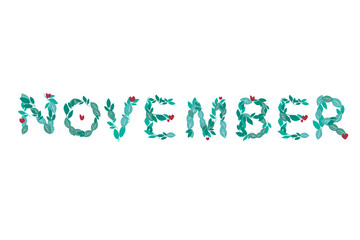 The text with the word November for design Bullet Journal is isolated on a white background, symbol stock vector illustration with text from green leaves for design