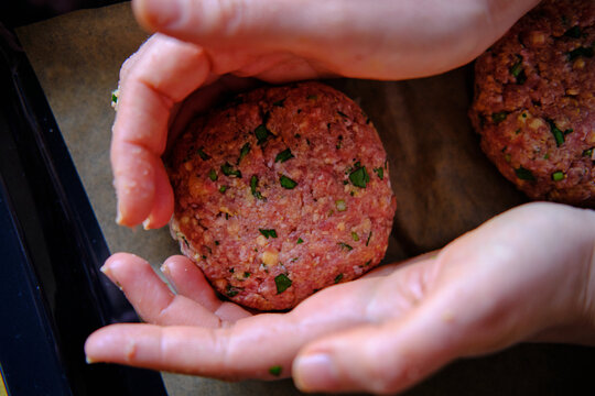 Preparing Burger Patties, Raw Burger Meat. Concept For Making Homemade Burgers.