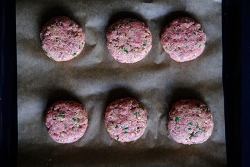 Preparing burger patties, raw burger meat. Concept for making homemade burgers.